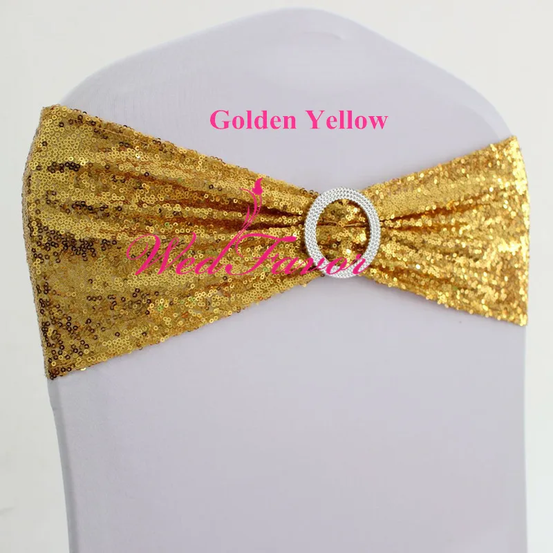 Golden Yellow WedFavor 100 шт. Свадебные блестки на стул с бантом и поясом лайкра спандекс блестящая повязка на стул галстук с круглой пряжкой вечерние украшения для мероприятий - Цвет: Golden Yellow