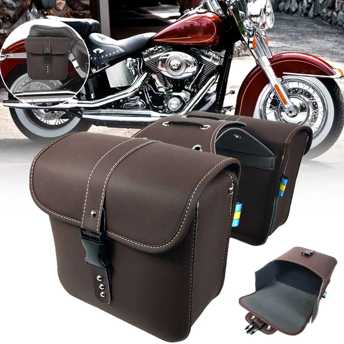 

Мотоциклетные седельные сумки из искусственной кожи Cafe Racer боковая сумка для инструментов сумка для хранения багажа коричневая универсаль...