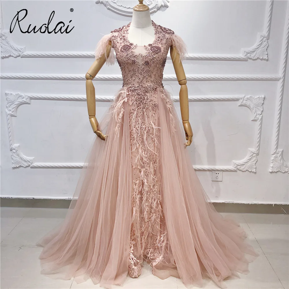 Роскошные розовые вечерние платья OEV4307 с длинным рукавом перьями блестящее