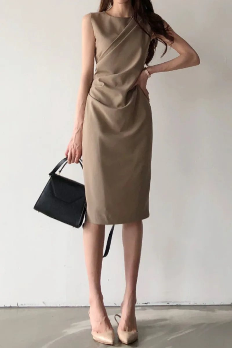 

Elegant Women Office Dress New 2020 Summer Sleeveless Bodycon Dresses Retro Women Midi Solid Black Long Robe Vestidos Mujer