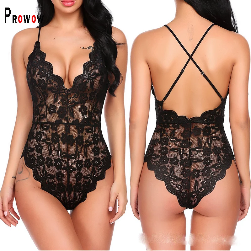 

Prowow Sexy Flower Lace Skinny Women's Bodysuits V-neck Backless Perspective Bodycon Outfits for Woman 2021 New Female Clothes