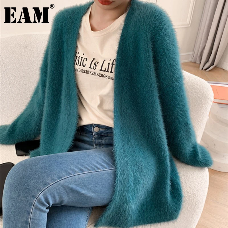 

[EAM] Blue Soft Big Size Knitting Cardigan Sweater Loose Fit V-Neck Long Sleeve Women New Fashion Autumn Winter 2022 1DE2917