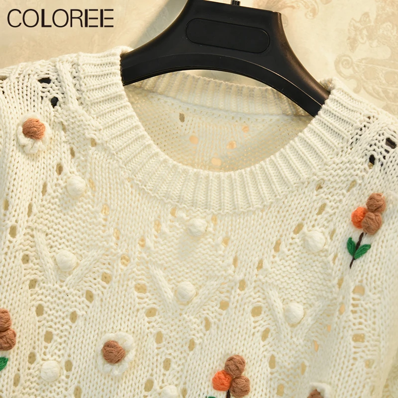 

Korean Fashion Knitted Hollow Out Floral Pull Femme Hiver 2021 Vintage O-neck Knit Sweater Women Autumn Winter Clothes