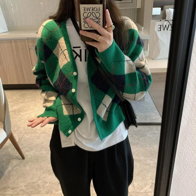 

V Neck Color Block Argyle Sweater Cardigan Single Breasted Women Fall Khaki Green Vintage Outerwear Women Tops Kawaii Y778