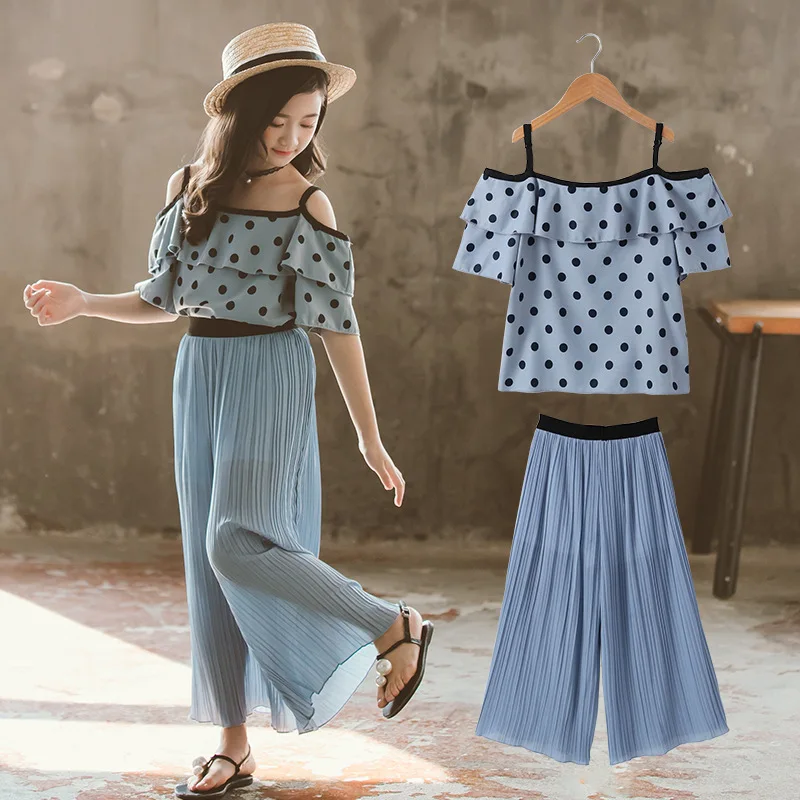 

Chiffon Teen Set Summer Clothes Kids Girls Set Polka Dot Blue Big Girl Fashion Outfit Pants 2pcs Set Tops And Loose Pants Suits