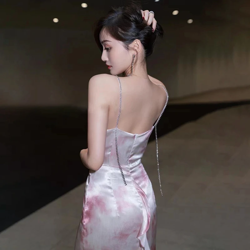 

VGH Pink Tie Dye Patchwork Chain Sling Long Dress Females V Neck Sleeveless High Gathered Waist Midi Casual Women's Dresses 2021