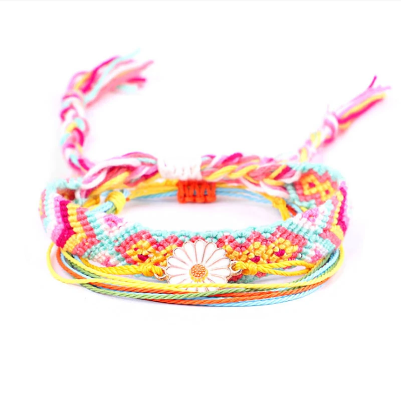 

Rttooas Summer Flowers Handmade Woven Bracelet Set Bohemian 3pcs/set Rainbow Cotton Woven Bracelet 2020 Fashion Jewelry