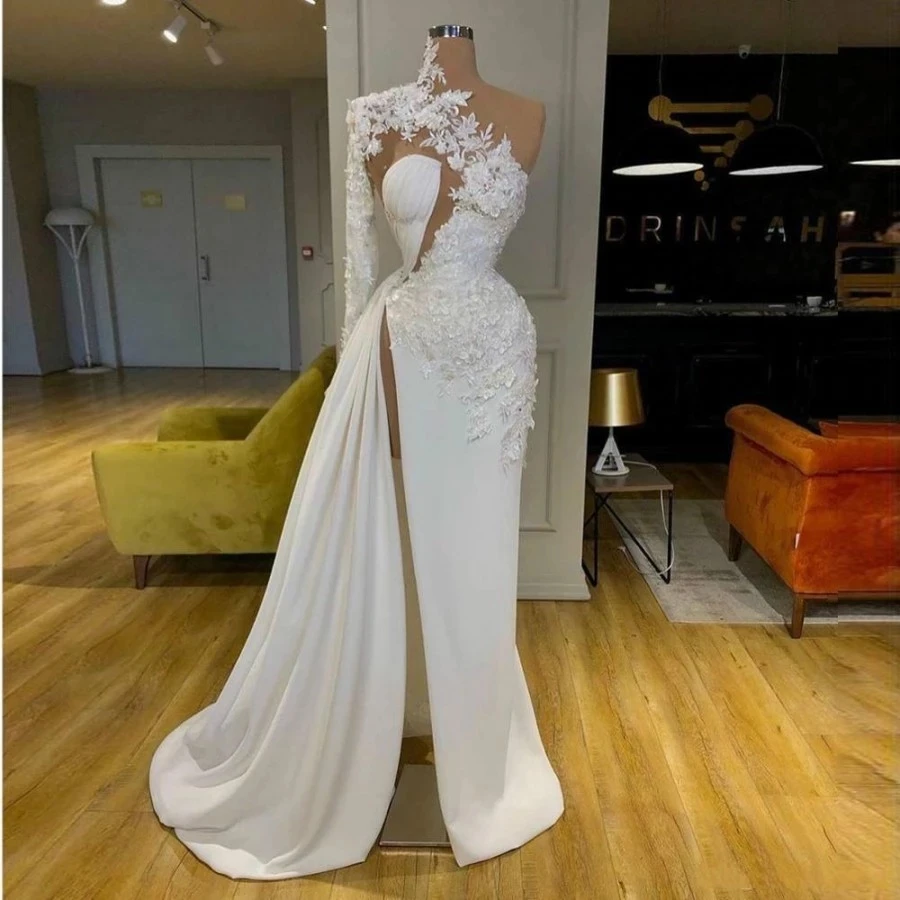 

Women's Long Chiffon Formal Evening Dresses One Shoulder Full Sleeve Appliques Wedding Party Gown High Split Sweep Train Robe