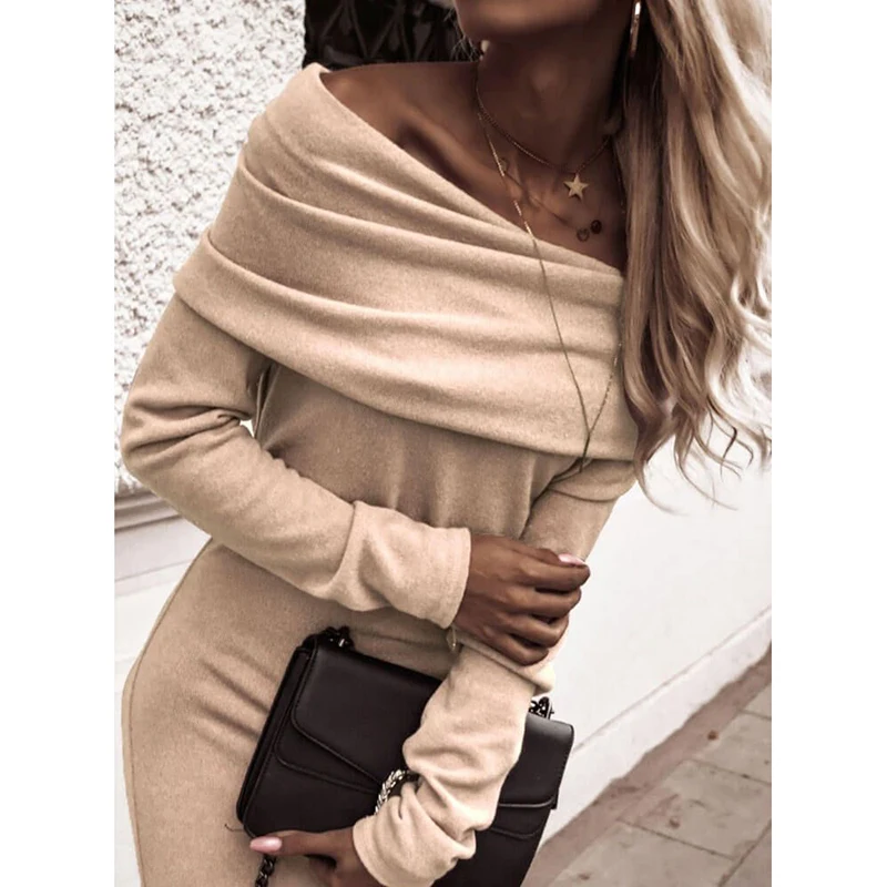 Women Spring Sexy Off Shoulder Solid Long Sleeve Bodycon Party Dress Vestidos Femme Streetwear Casual Elegant Robe SJ5252U | Женская
