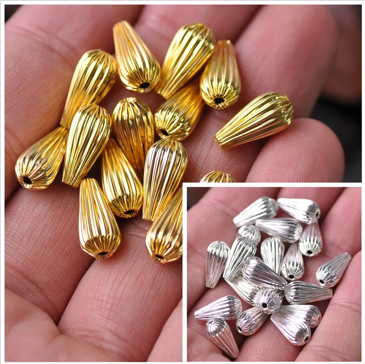 

Gold Color Plated 14x7mm Teardrop Hollow Plicated Metal Brass Loose Beads Lot For Jewelry Making DIY Crafts Wholesale