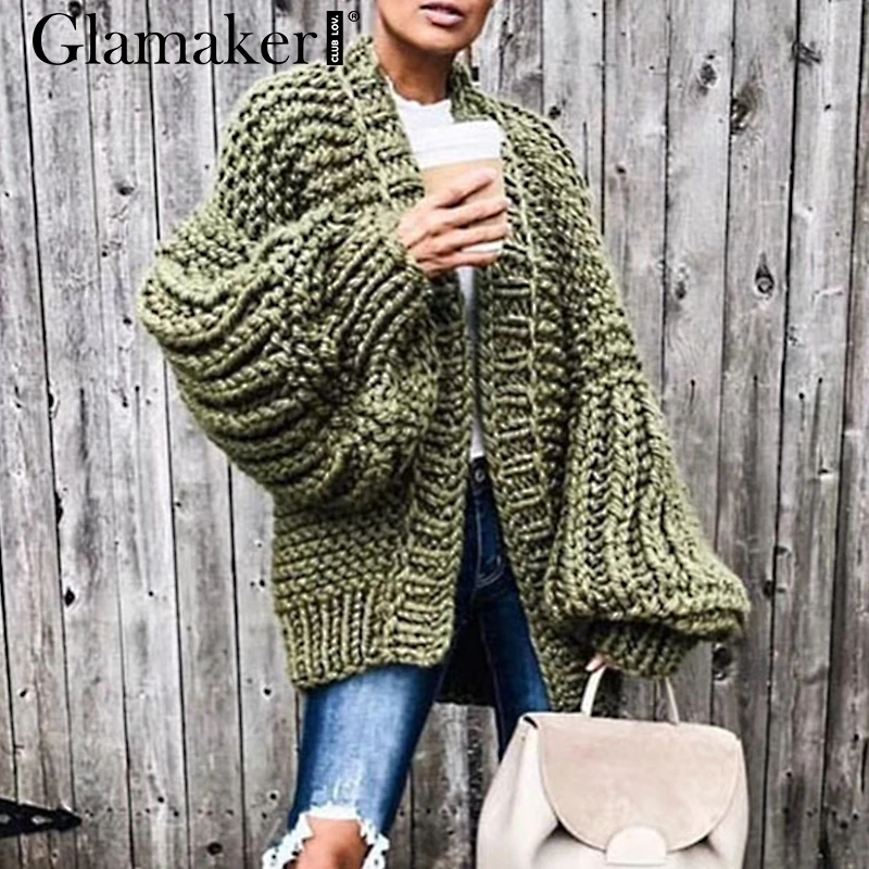 Зеленый Glamaker длинный рукав фонаря черный вязаный кардиган женский свободный сексуальный элегантный красный свитер женский осенний зимний трикотаж jumper2019 - Цвет: Зеленый