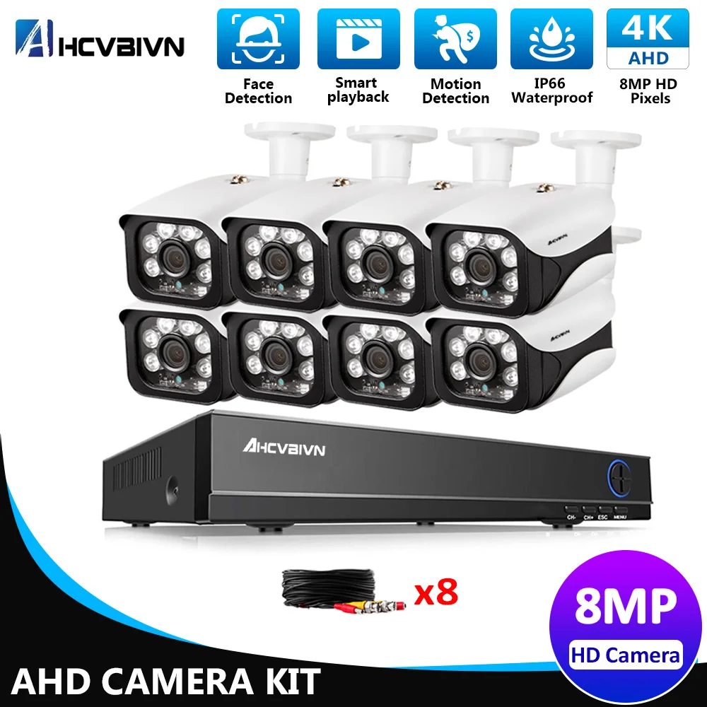

8CH 4K Ultra HD Video Surveillance System 6IN1 H.265+ DVR With 4/8pcs 8MP HD Outdoor Waterproof Security Camera CCTV Kit