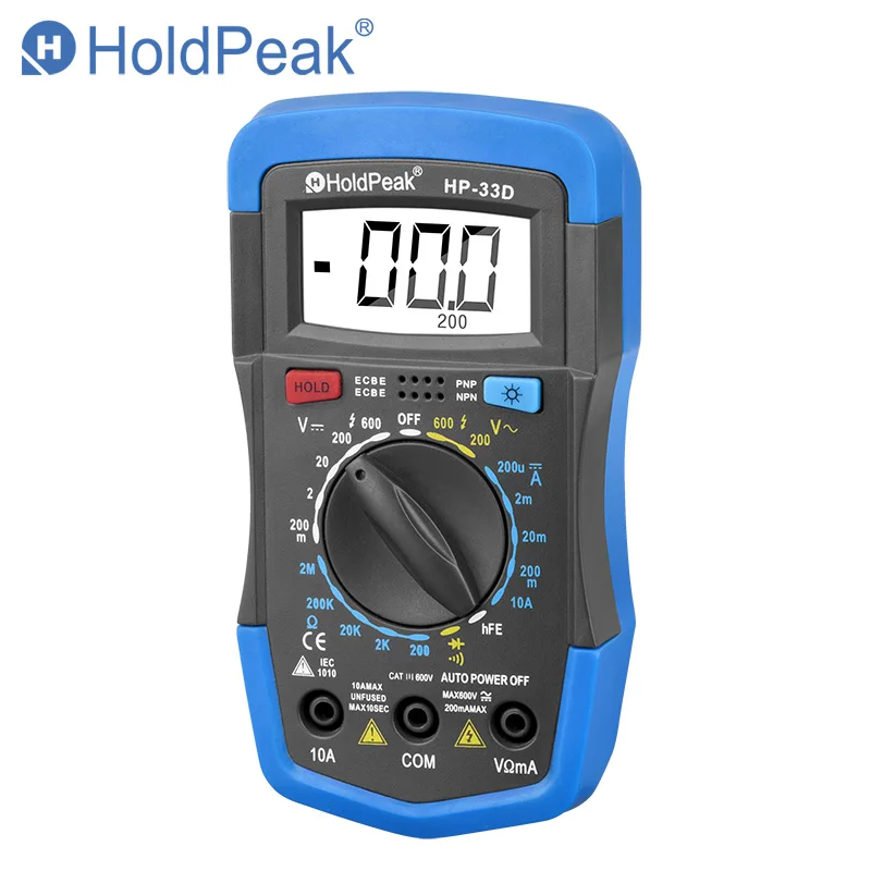 

LCD Multimeter HoldPeak HP-33D Professional Smart Manual DC AC Voltage Current Resistance Diode hFE Battery Test Data Hold