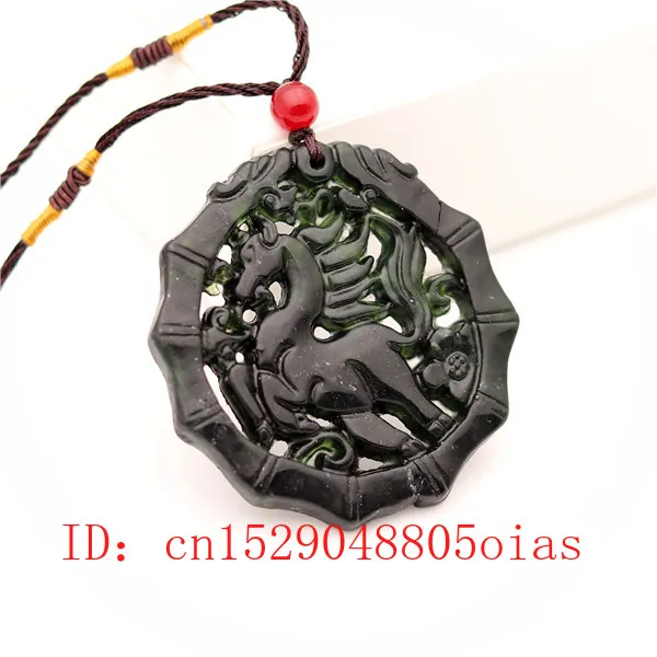 Natural Black Green Chinese Jade Horse Pendant Necklace Obsidian Charm Jewelry Double-sided Hollow Carved Amulet Gifts for Women | Украшения