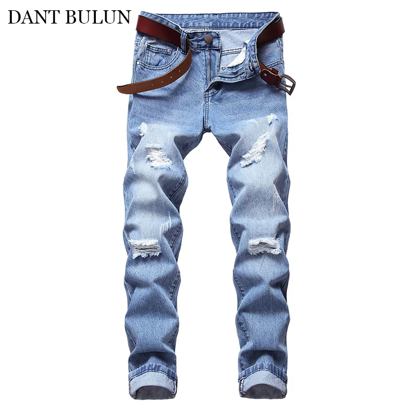 2020 New Mens Jeans Brand Slim Denim Pencil Pants Scratched Blue Washed Jeans for Men Hiphop Trousers Clothes Homme Pant
