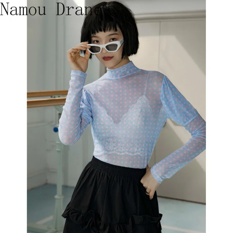 Прозрачный сетчатый топ с длинными рукавами женская летняя футболка пышными