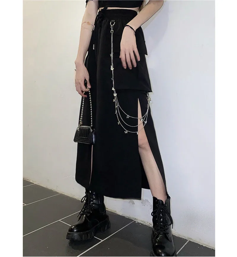 black pencil skirt 2021 New Spring Autumn Women Skirt Fashion Korean style Black Long Skirts with chain side slit Hip hop streetwear plus size mini skirts for women