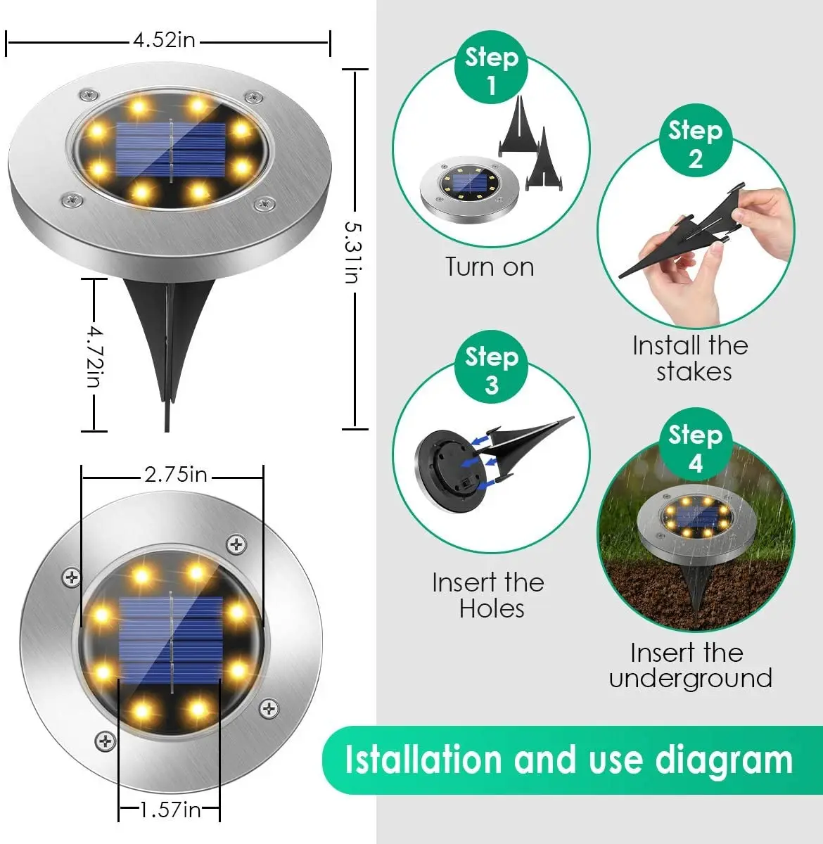 

12Pack 8 LED Solar Powered Disk Lights Outdoor Waterproof Underground Sensing Landscape Lights for Yard Deck Lawn Patio Pathway