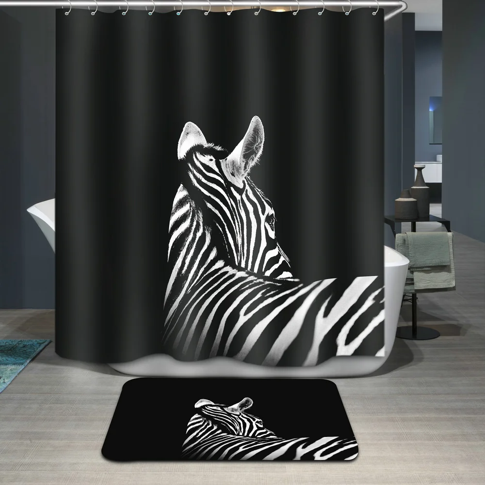 

Wild Animal Shower Curtains Zebra Black Bacdrop Bathroom Decor Bathtub Hang Curtain Set and Non-slip Flannel Bath Mat Carpet