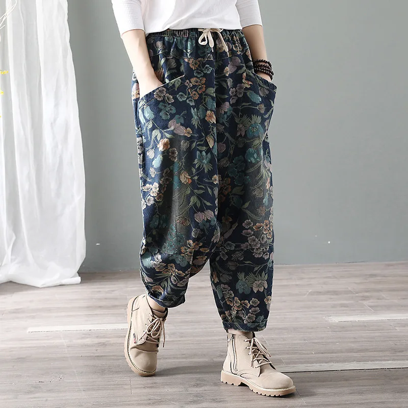 

Женские свободные джинсы с большими карманами, повседневные брюки-султанки в литературном ретро-стиле с поясом на резинке, осень 2022