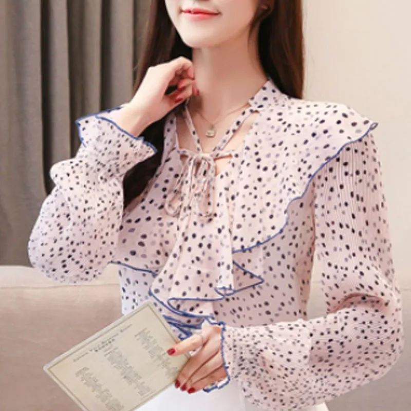 

2021 Autumn Fashion Women Chiffon Blouses Long Sleeve Dot Women Clothing Casual Ruffles Bow Women Tops Office Lady 5549 50