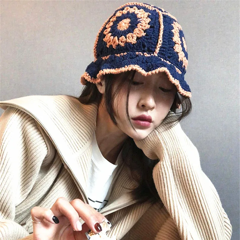 

Autumn Women Knitted bucket hat Girls Folk Floral Handmade Crochet Beanies Caps Hollow-out hip hop dance Fisherman hat Panama