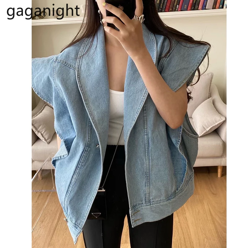 Gaganight винтажный женский джинсовый жилет с оборками Модный корейский шикарный