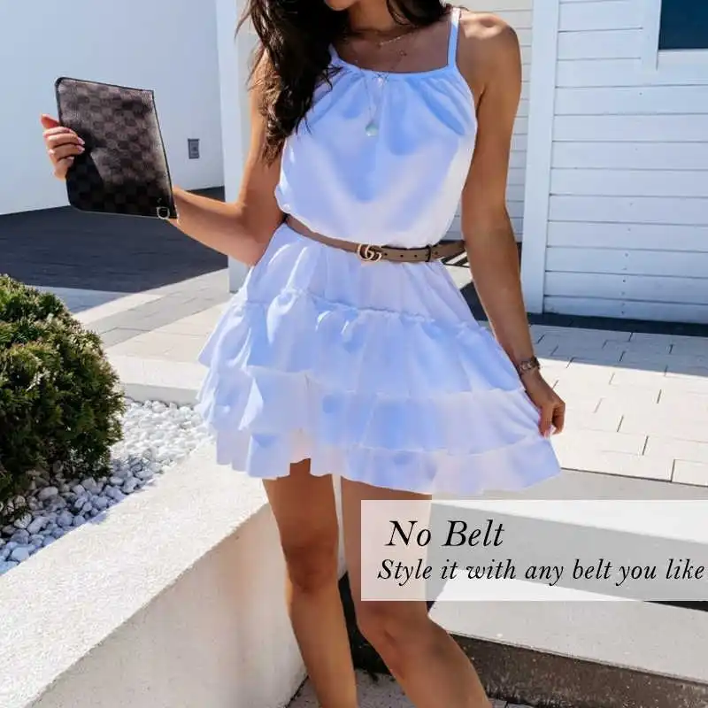 

Sexy Strap Ruffle Solid Sleeveless 2021 Summer Women Dresses Loose A Line Mini Holiday Beach Dress Sundress Robe