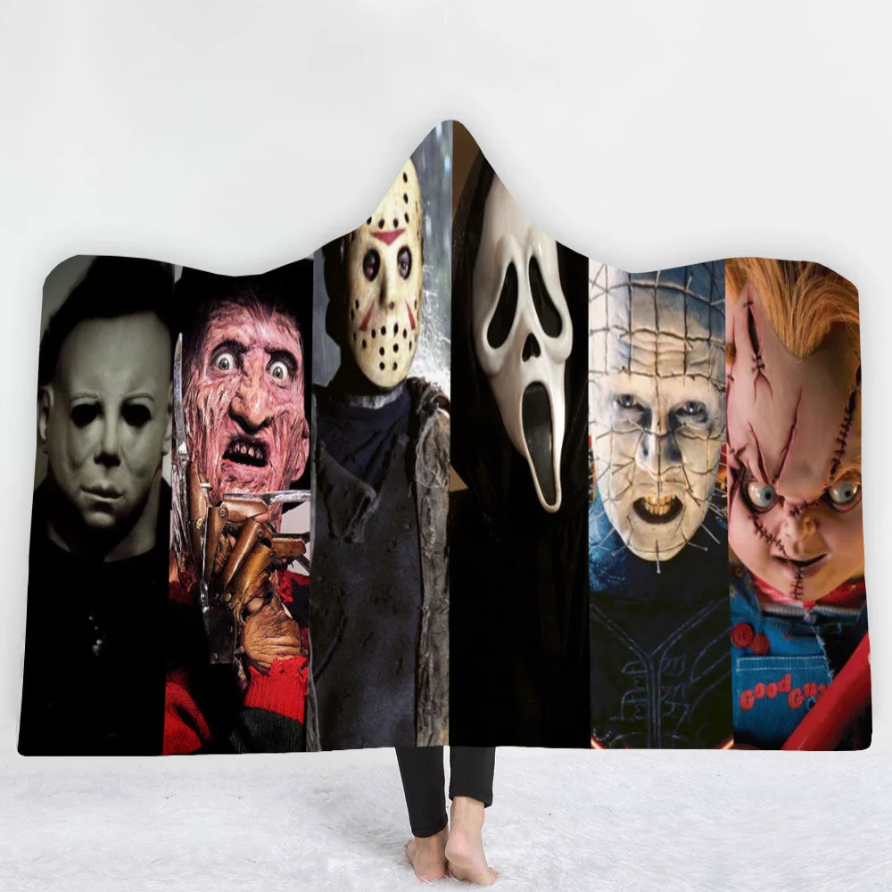 

Horror Movie Character Hooded Blanket for Adult Gothic Halloween Killers Sherpa Fleece Wearable Throw Blanket Microfiber Bedding