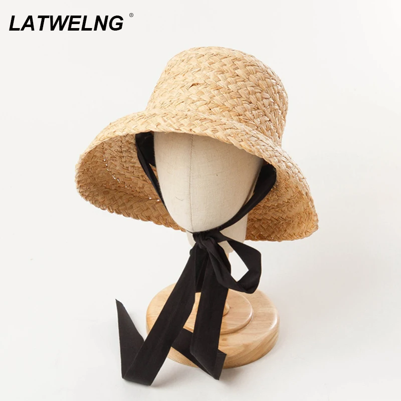 

Wholesale Girls Summer Sun Hats With Long Ribbon Child Flat Raffia Beach Hat Kids UV Straw Bucket Hat Beach Accessories