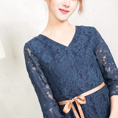 Женское кружевное платье с V-образным вырезом синее винтажное платье-трапеция