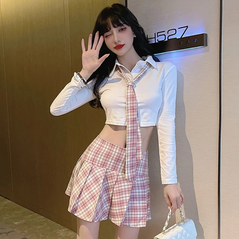 

Hot Style Sexy Plaid Tie Pleated Skirt Uniform Two-Piece Set Rac