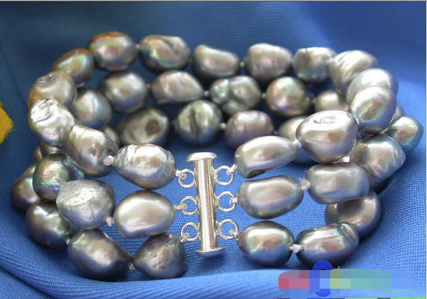 

3ROW 13MM GRAY BAROQUE FRESHWATER PEARL BRACELET 925SC P2082 @^Noble style Natural Fine jewe SHIPPING new >>-hot