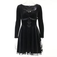 vintage velvet black mini dress elegant lace tirm high waist corset dress women autumn long sleeve party dresses