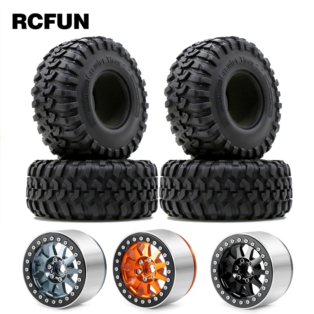 4PCS 2.2 Inch Beadlock Wheel Rims & Rubber Tire for 1/10 RC Rock Crawler Axial SCX10 RR10 AX10 Wraith 90048 90018 KM2