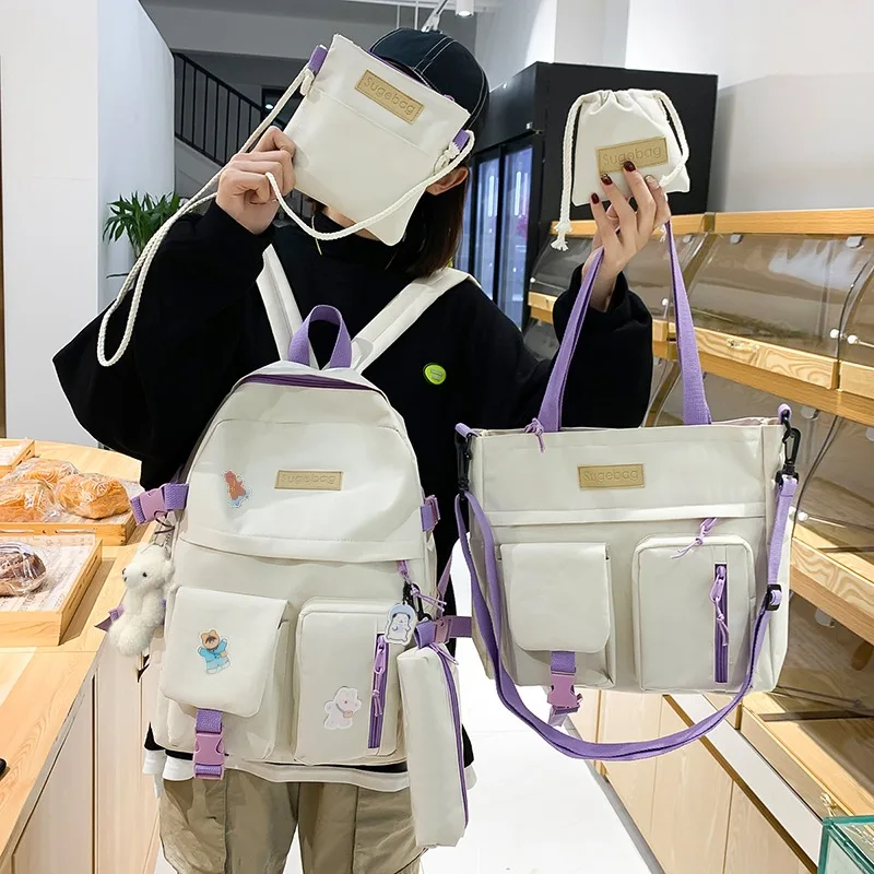 

Purple teens Student Backpack Mochilas Shoulder-Bags Canvas women Fashion traval back packs girls solid bookbag 4 pcs set 2021