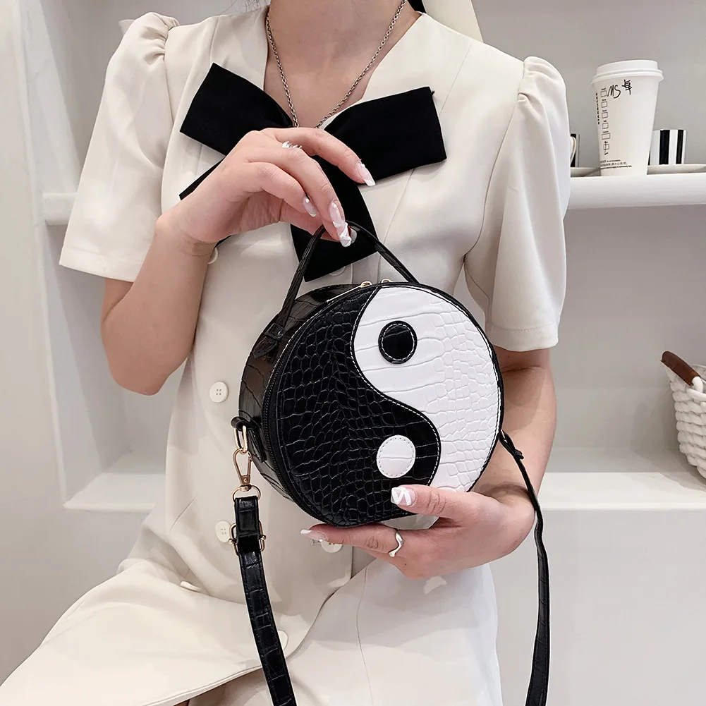 

Fashion Women PU Leather Alligator Pattern Tai Chi Round Shoulder Crossbody Messenger Bag Casual Ladies Hit Color Mini Purse Han