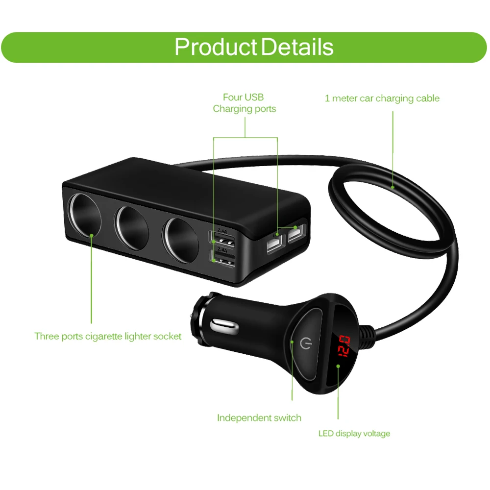 Onever 4 USB Порты и разъёмы 3 Way розетка для автомобильного прикуривателя