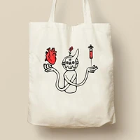robot holding heart and needle printed canvas bag halloween horror series handbag giving friends gifts tote bag shopping bag