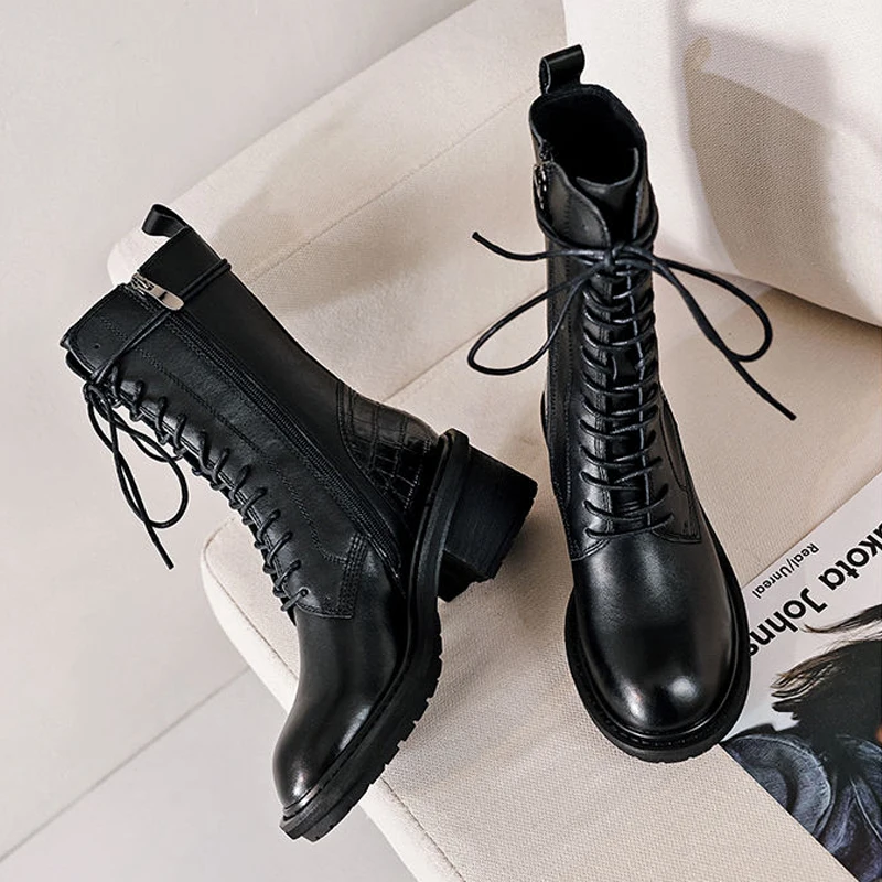 

Fashion Punk Women Mid Boot Genuine Leather Side Zipper Shoes Woman High Heels Pop Fashion Winter Motorcycle Boots Shoes