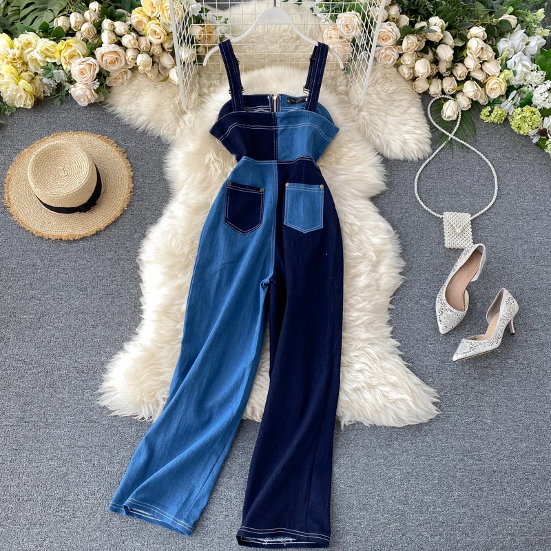 Женский джинсовый комбинезон без рукавов Облегающий с открытой спиной на молнии