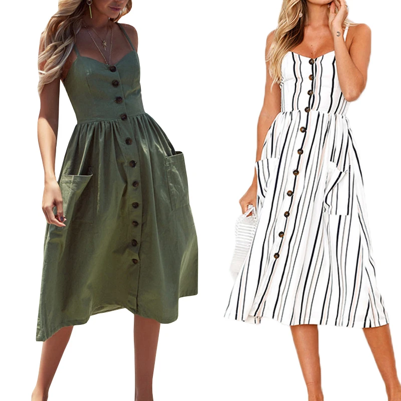 

2019 Year Casual Vintage Sundress Women Summer Dress Boho Sexy Dress Midi Button Backless Polka Dot Striped Floral Beach Dress