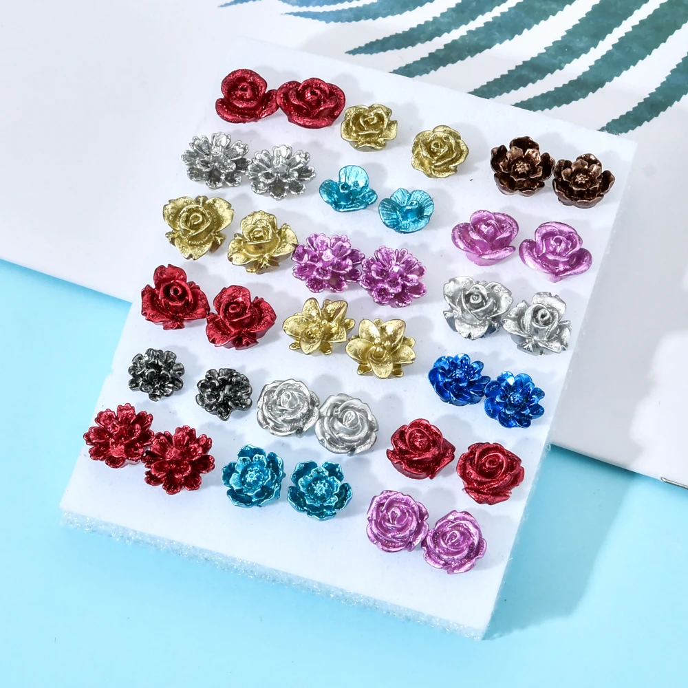 Женские серьги гвоздики с цветными розами 18 пар/компл. разноцветные полимерные