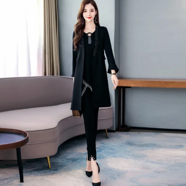 Женский элегантный комплект одежды черный кардиган без рукавов с кисточками +