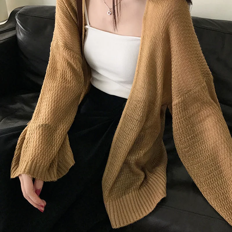 

Cardigan Women Summer Thin Long Sleeve Minimalist Female Office Outerwear Open Stitch Solid Color Sweet Girls Daily Street Retro