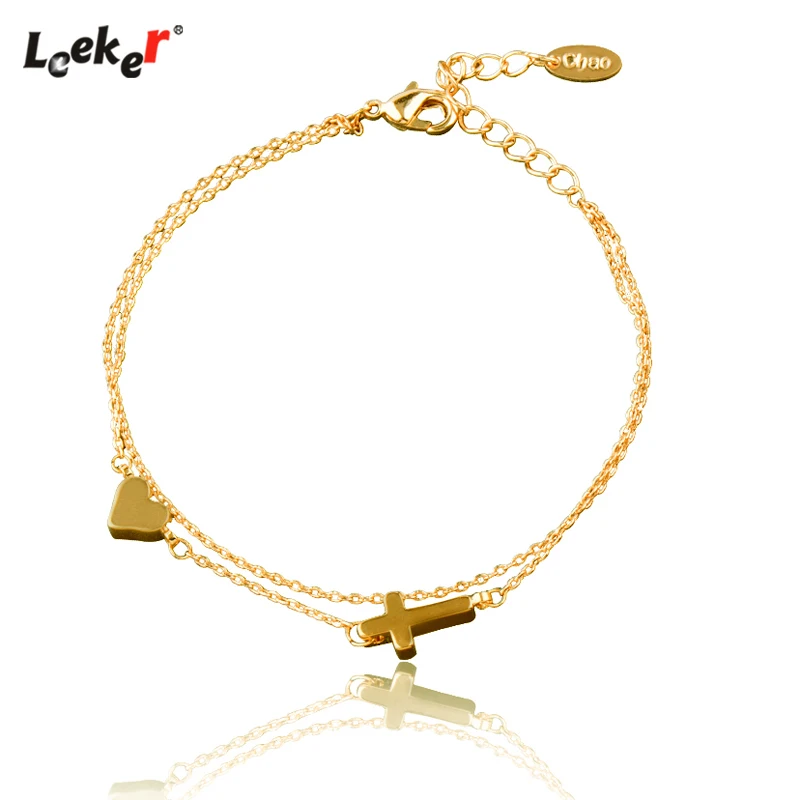 LEEKER в винтажном стиле 2 слоя сердце крест Луна Звезда браслет цепочка для женщин