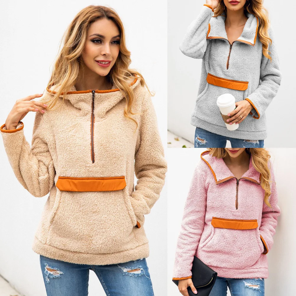 Осенний Женский Повседневный пуловер на молнии с v-образным вырезом флисовый