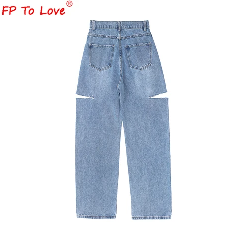 Woman Design Jeans 2022 Spring Autumn Street Style Ripped Cut Full Length High Waist Light Blue Zipper Wide Leg Pants