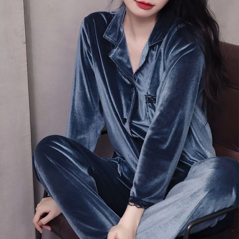 

Lace Trim Pajamas Set Female Sleepwear Velour 2PCS Shirt&Pants Autumn Loose Pyjamas Casual Nightwear Soft Loungewear Lingerie