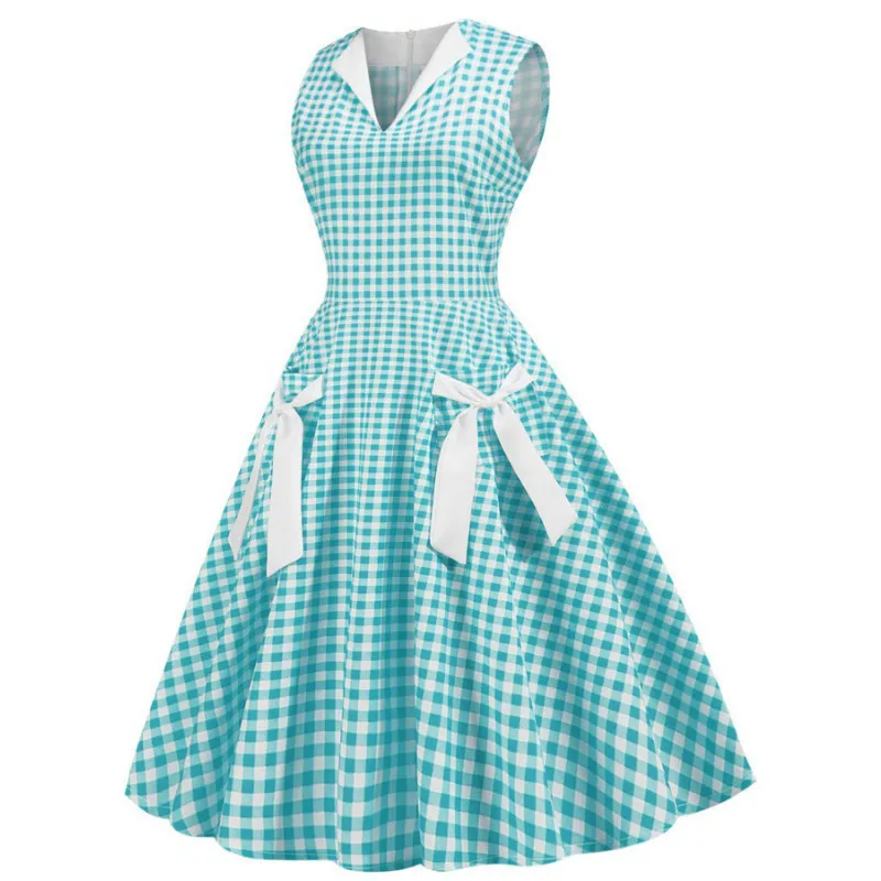 Женское винтажное платье Hepburn розовое клетчатое в клетку с бантиком и карманами